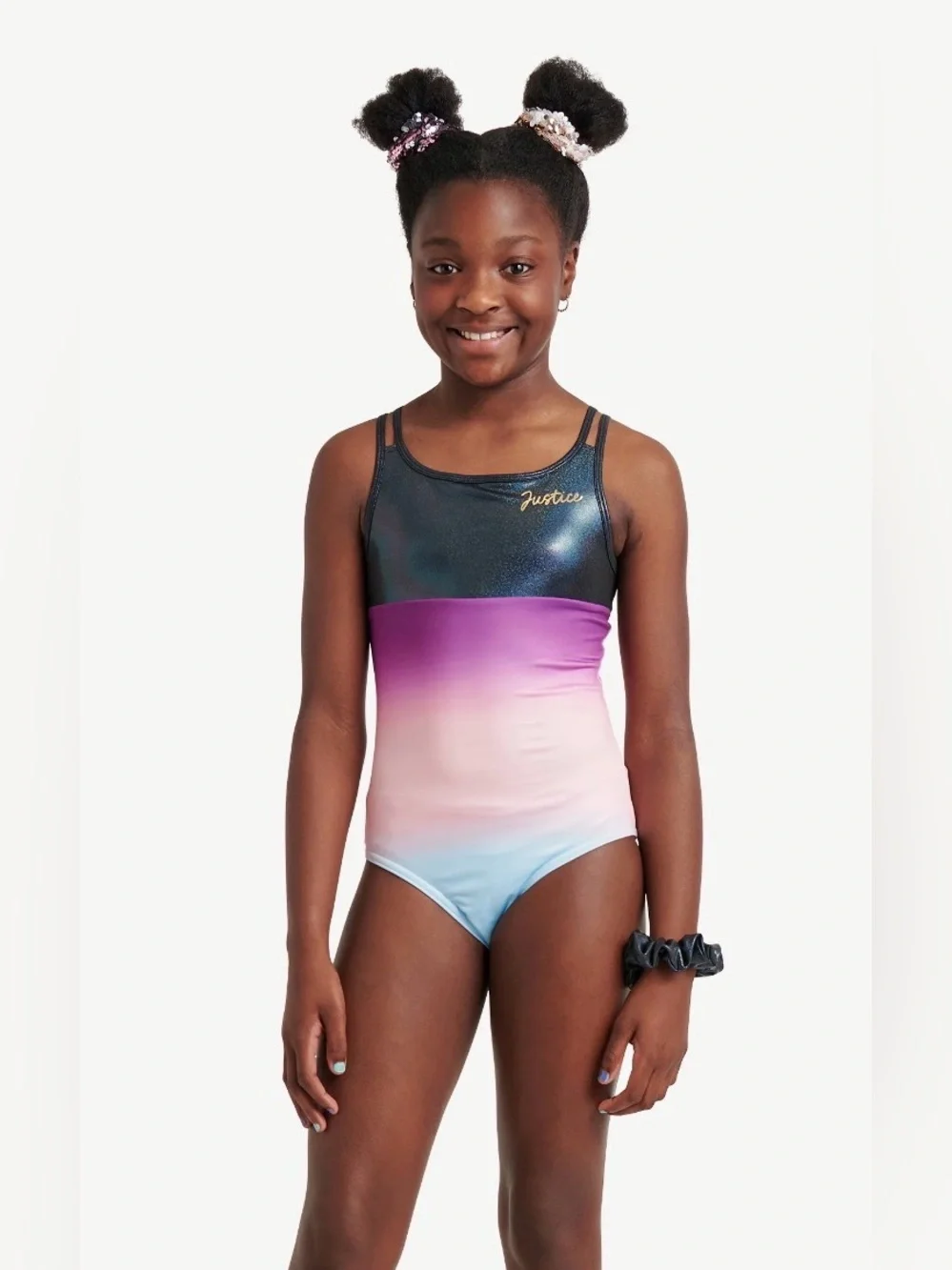 Justice Girls Ombre Macrame Back Dance and Gymnastics Leotard with Scrunchie